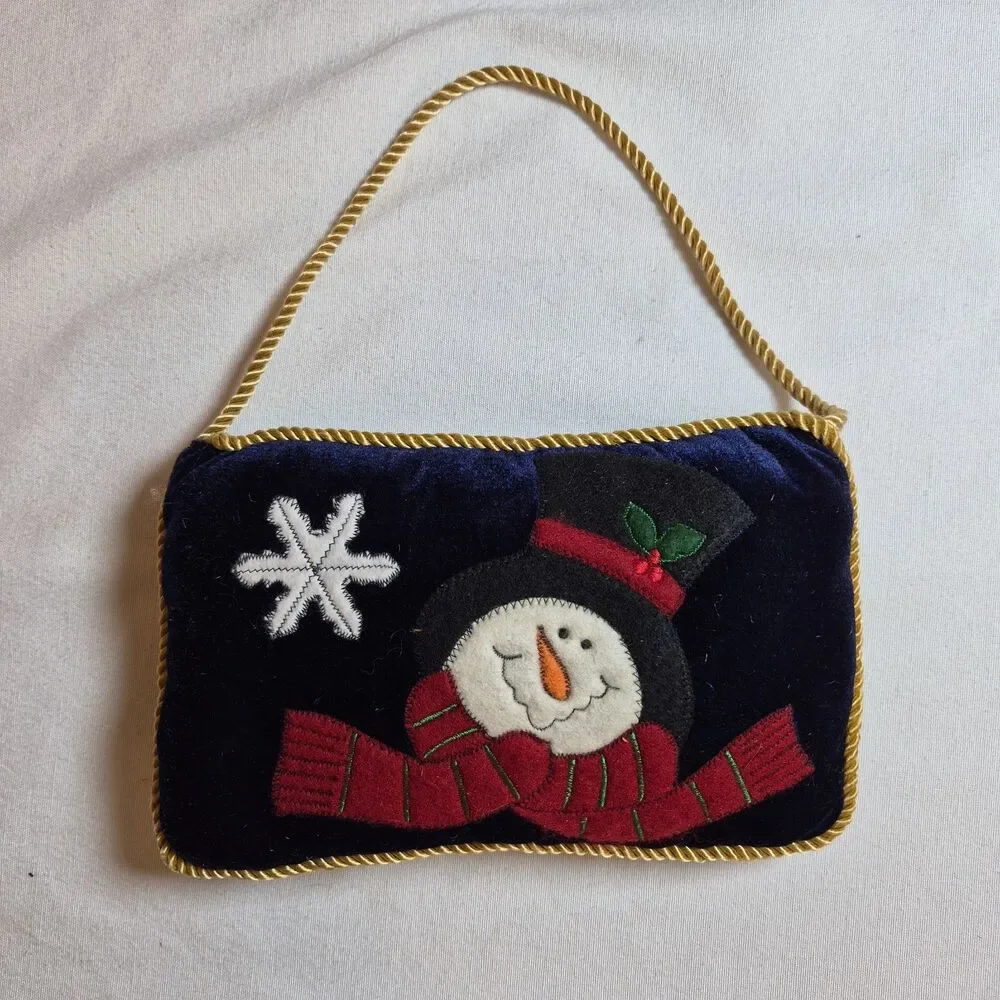 Christmas Snowman Velvet/Felt Hanging Mini Pillows Lot Of 2 Gold Rope Trim